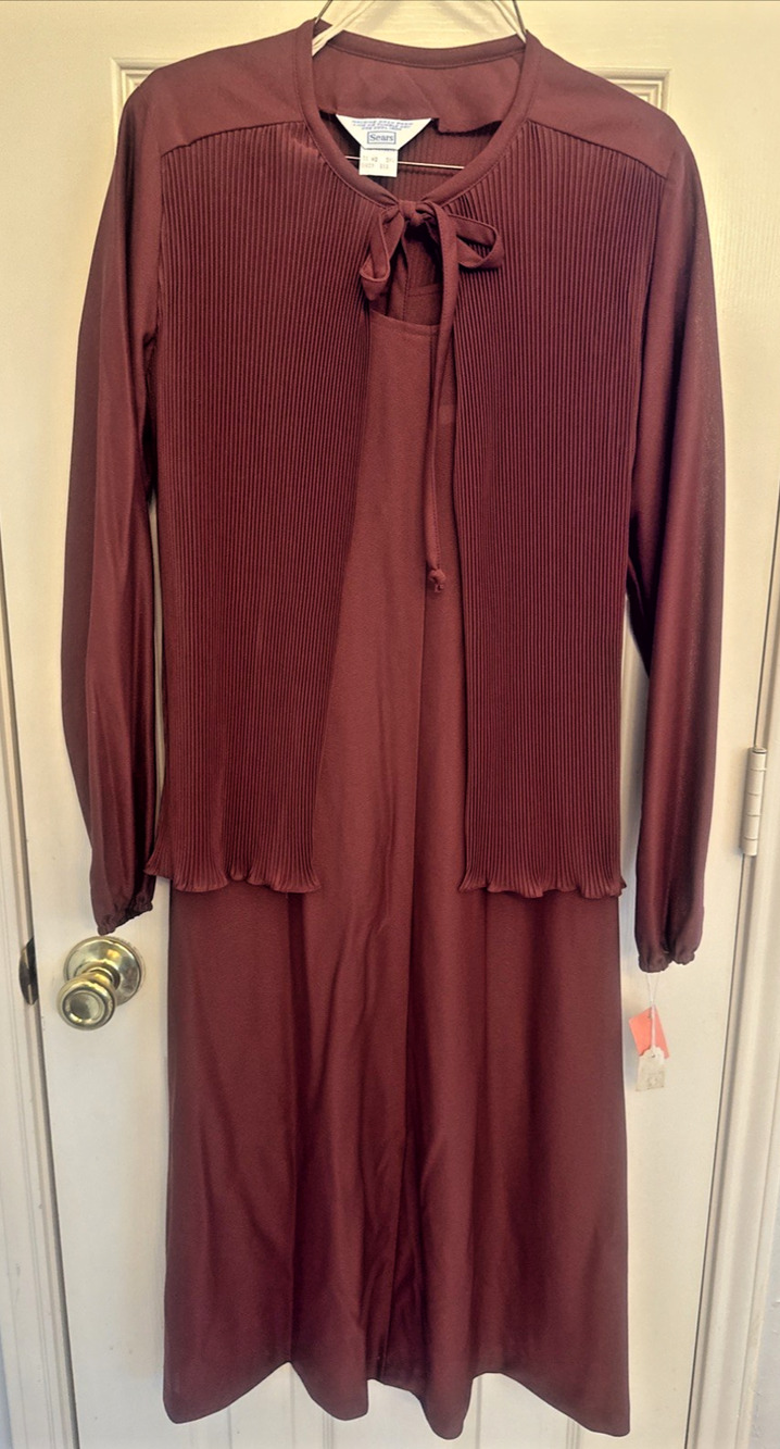Vintage 50’s Sears Burgundy Pleated Jacket Dress Size 12 NWT